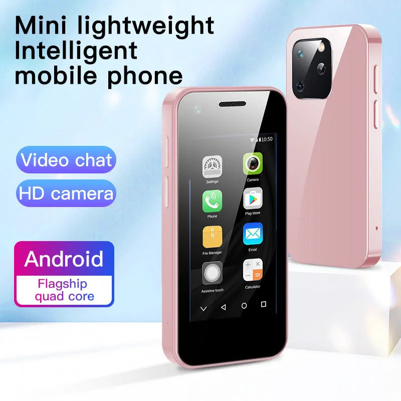 Ultra-compact Android smartphone with 2.5-inch screen in Phantom Night Black colour showing dimensions