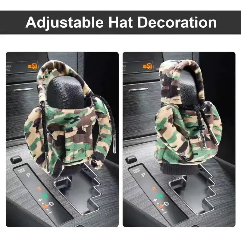 Grey camouflage polyester gear lever cover on car shift stick in sweater style