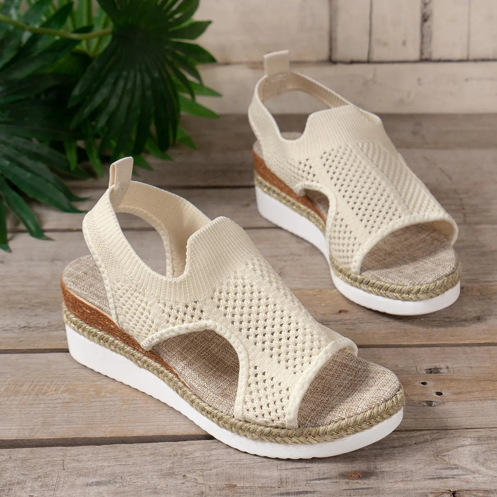 Women's hollow wedges sandals in beige with fly woven mesh upper and peep-toe design