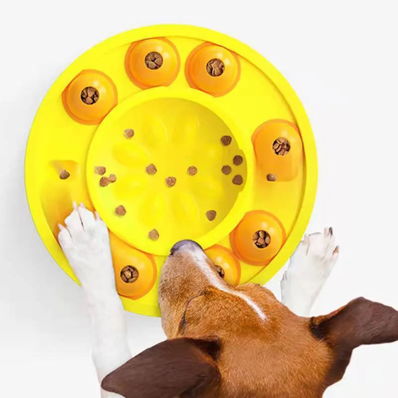 Square lake blue dog puzzle toy with a central food column and top turntable on a non-slip base.