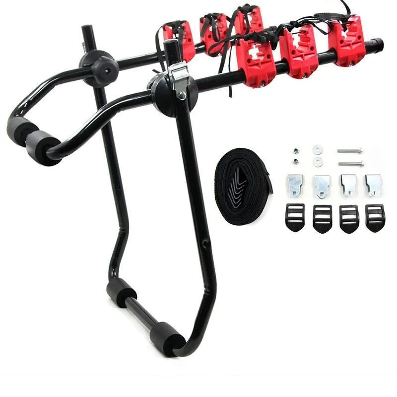 Black and red trunk-mounted bike rack showing pull belt and tie rope style options.