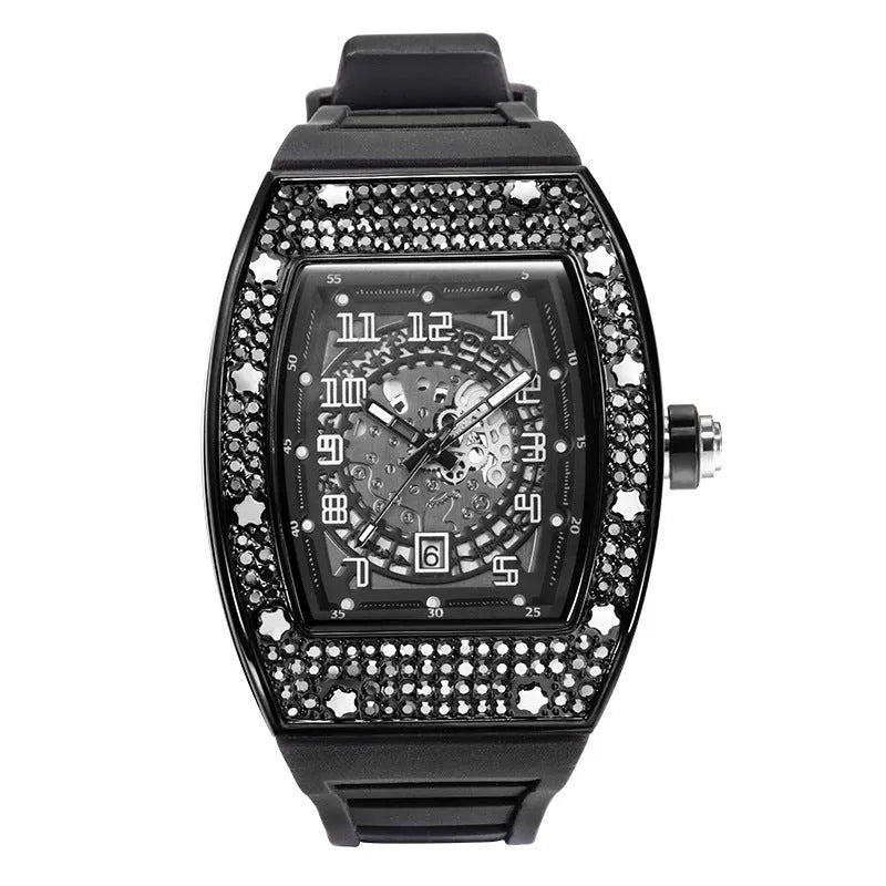 Full diamond tonneau silicone band quartz men's watch with 50mm dial, black colour option, and pin buckle