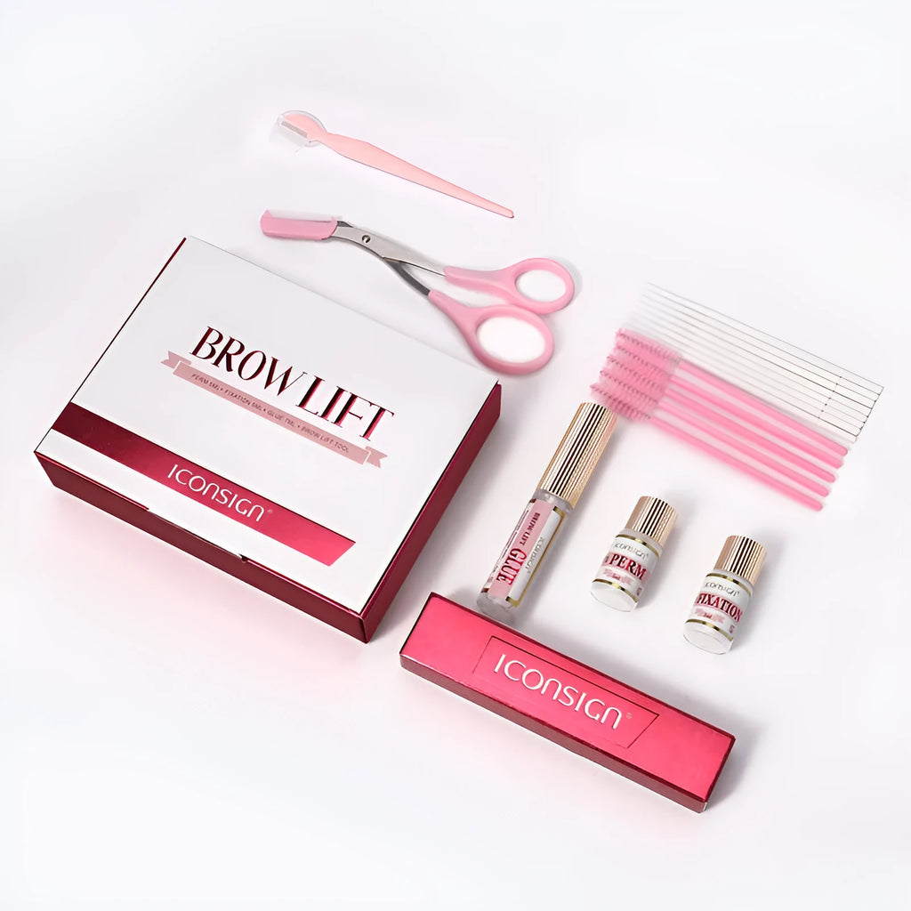 Pink eyebrow perm kit with scalding solution and tools for keratin treatments in suit-style packaging
