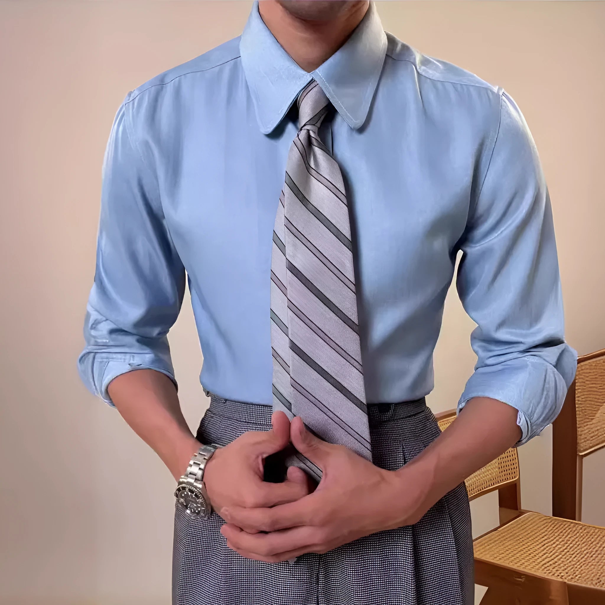 Men's blue round collar long sleeve shirt in slim fit design for casual and business wear