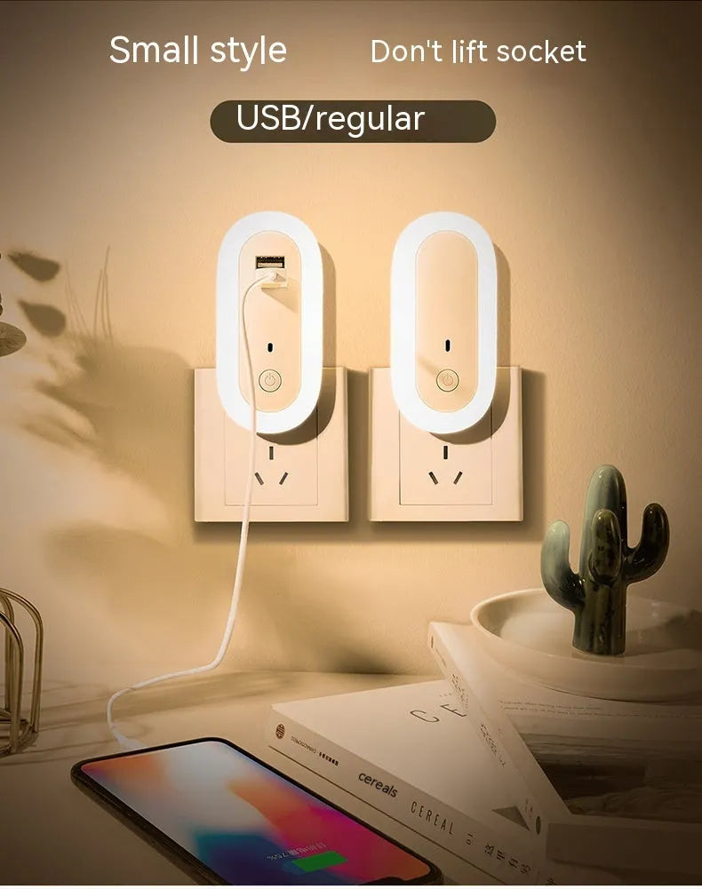 Oval small night light with dual USB charging ports and remote control, 1W LED wall plug-in lamp