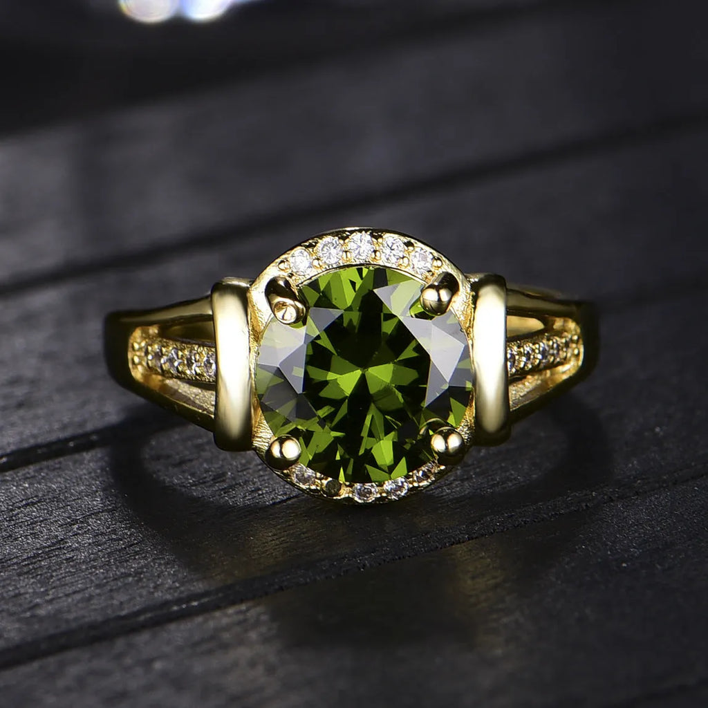 Olive green 18K gold-plated adjustable open ring on copper with sparkling stone inlay, geometric style