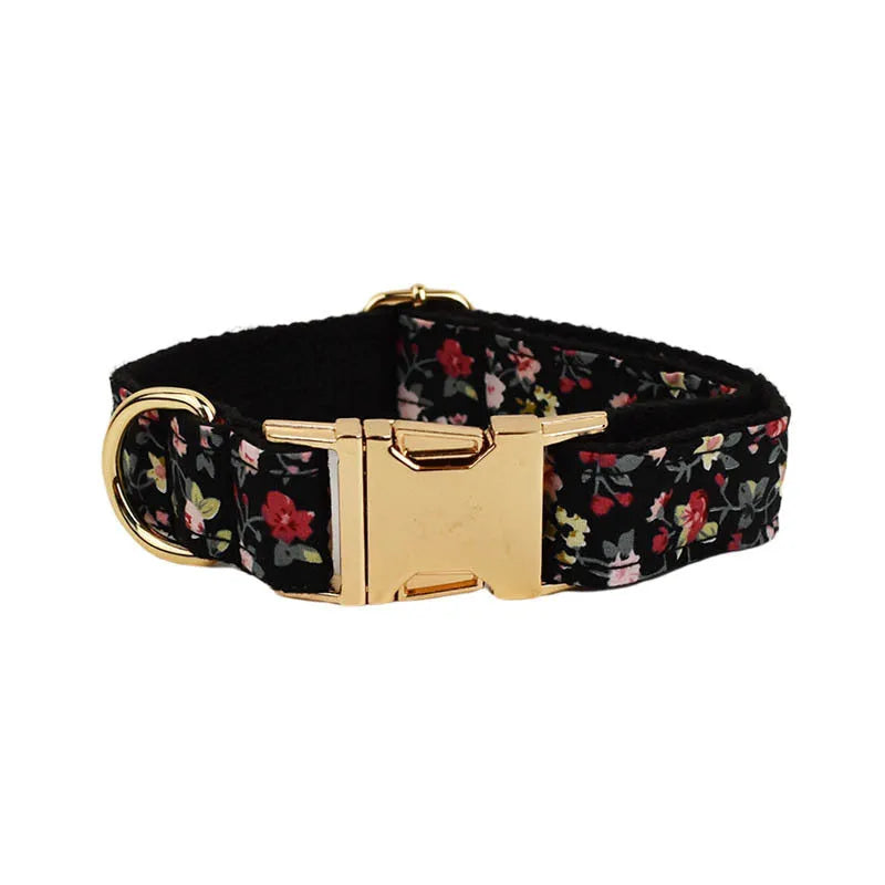 Four-piece removable bow lettering printed pet collar set showing dog collar, leash, bow, and vest in a chosen colour.