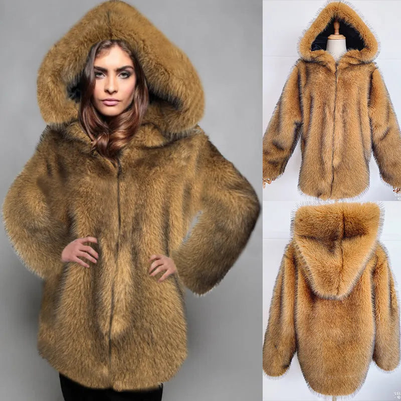 Women's silver grey artificial fur coat with a loose, mid-length design