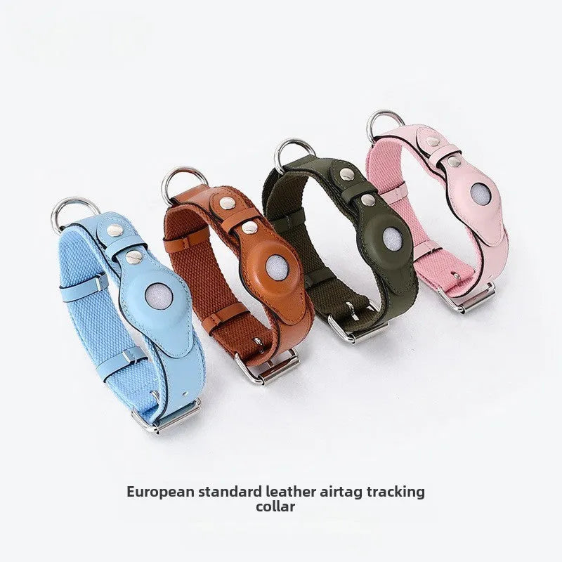 Leather dog collar with AirTag holder in black, adjustable for medium to large dogs