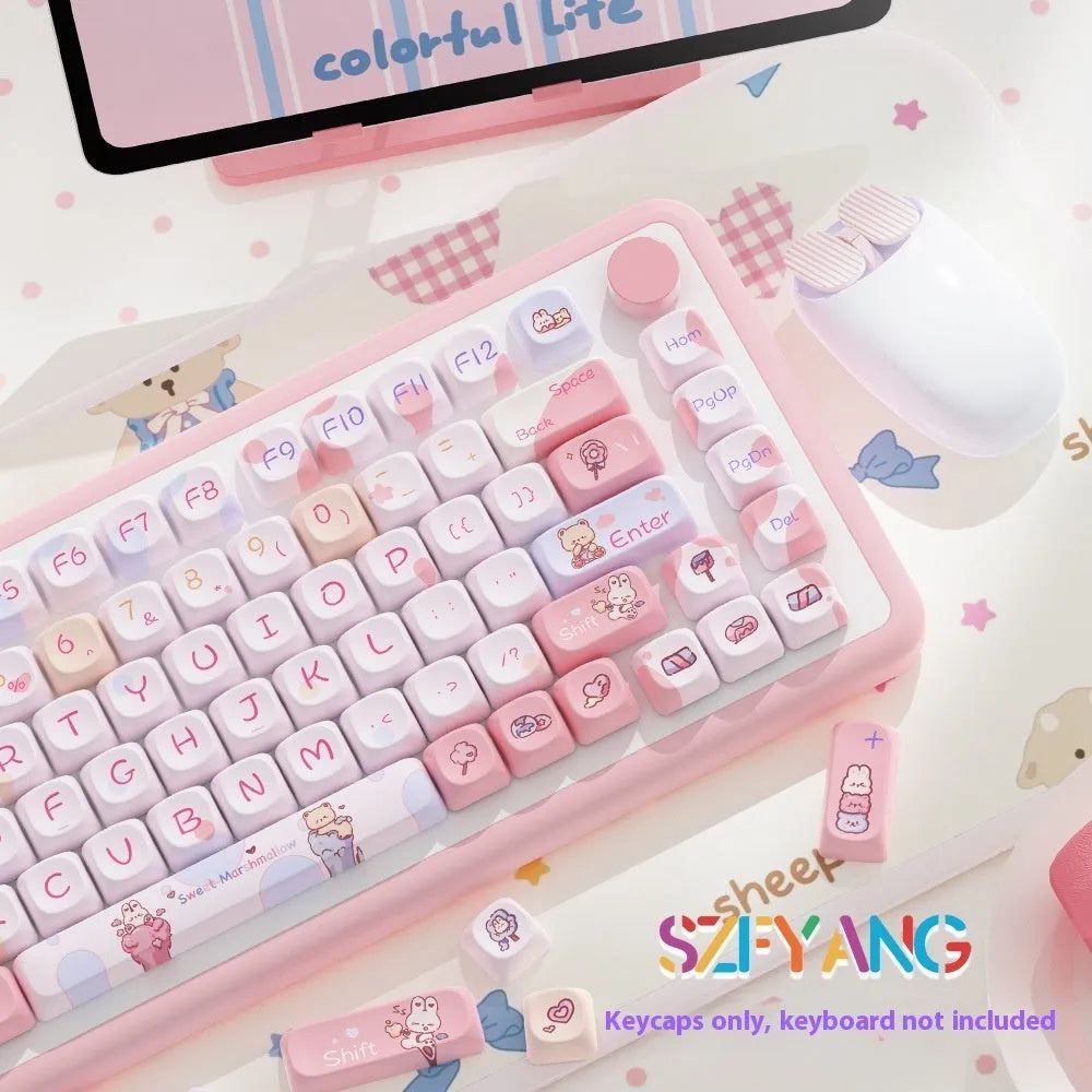 Sweet Cotton Candy pastel pink blue and white key cap set for mechanical keyboards laid out in box