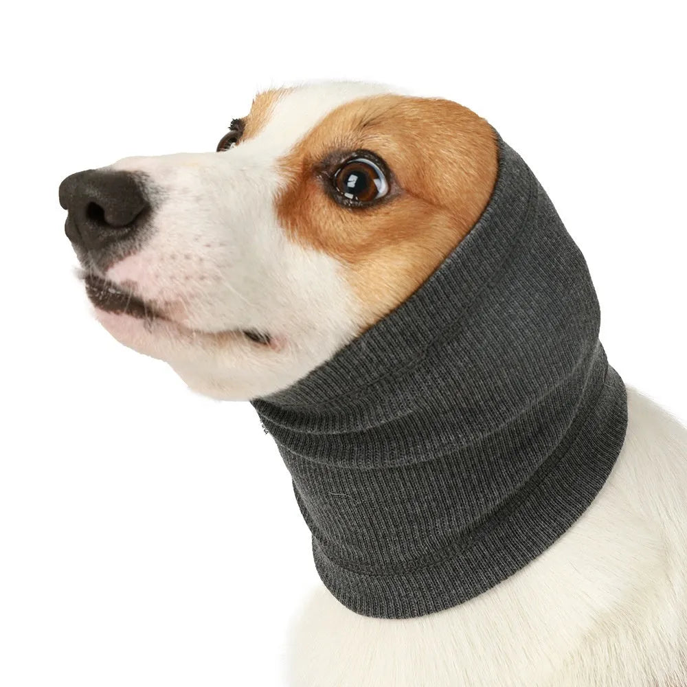 Blue and grey polyester dog comforter headband scarf shown in small, medium, and large sizes.
