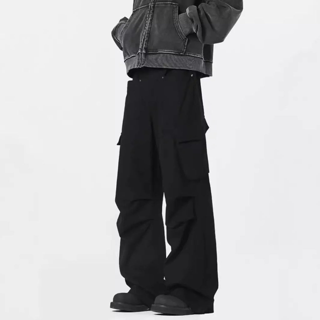 Men's black retro high-waist straight-leg casual trousers on a neutral background