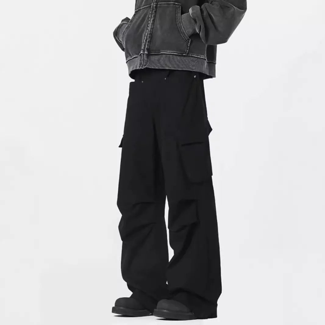 Men's black retro high-waist straight-leg casual trousers on a neutral background