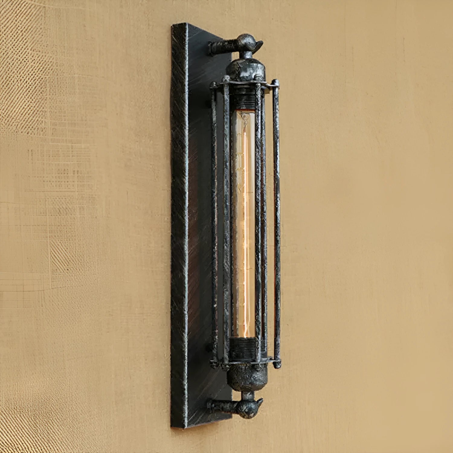 Industrial retro iron wall lamp in a vertical flute design, shown in a choice of metallic finishes.