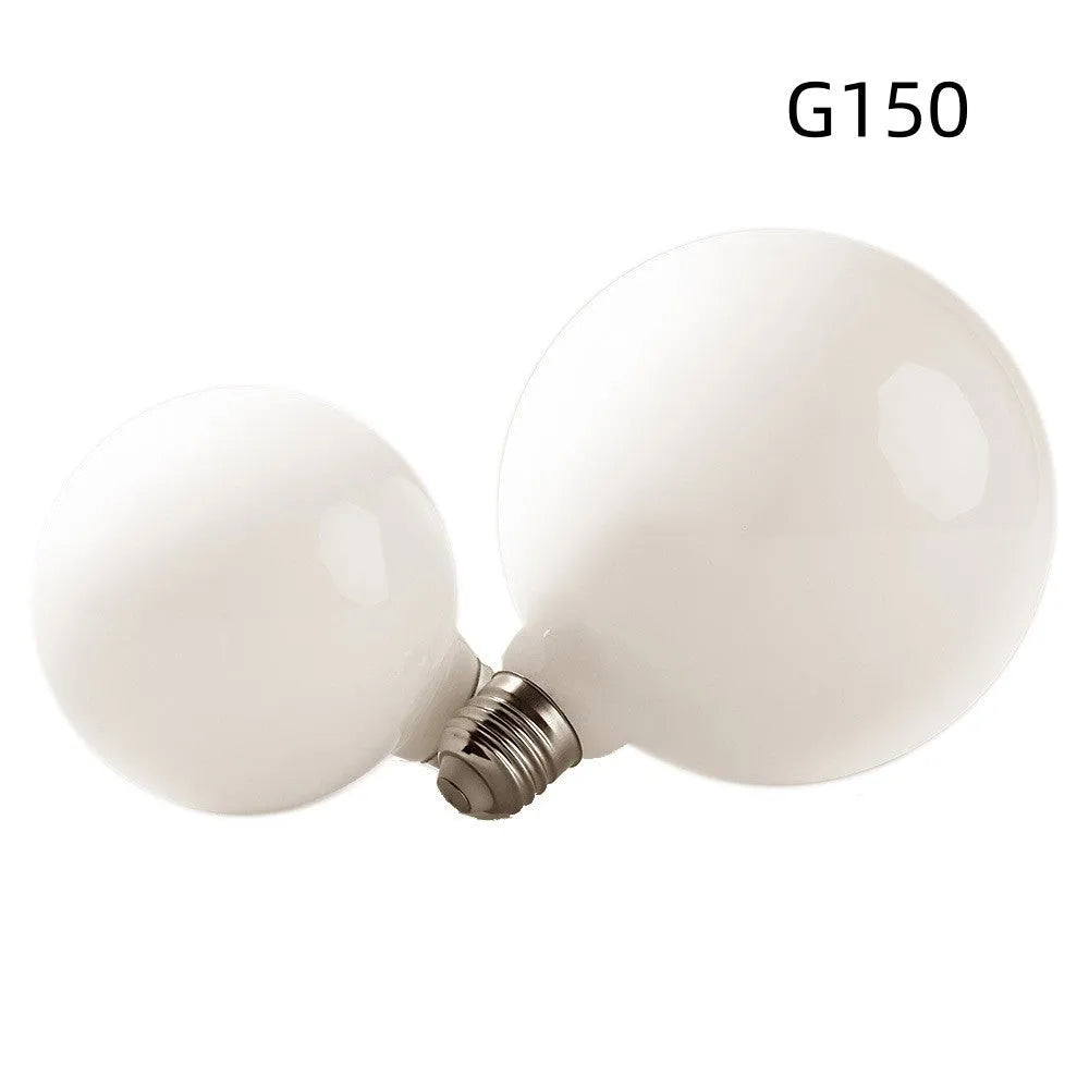 Milky white glass LED bulb with screw base, 80mm diameter, three colour temperature options, for home use