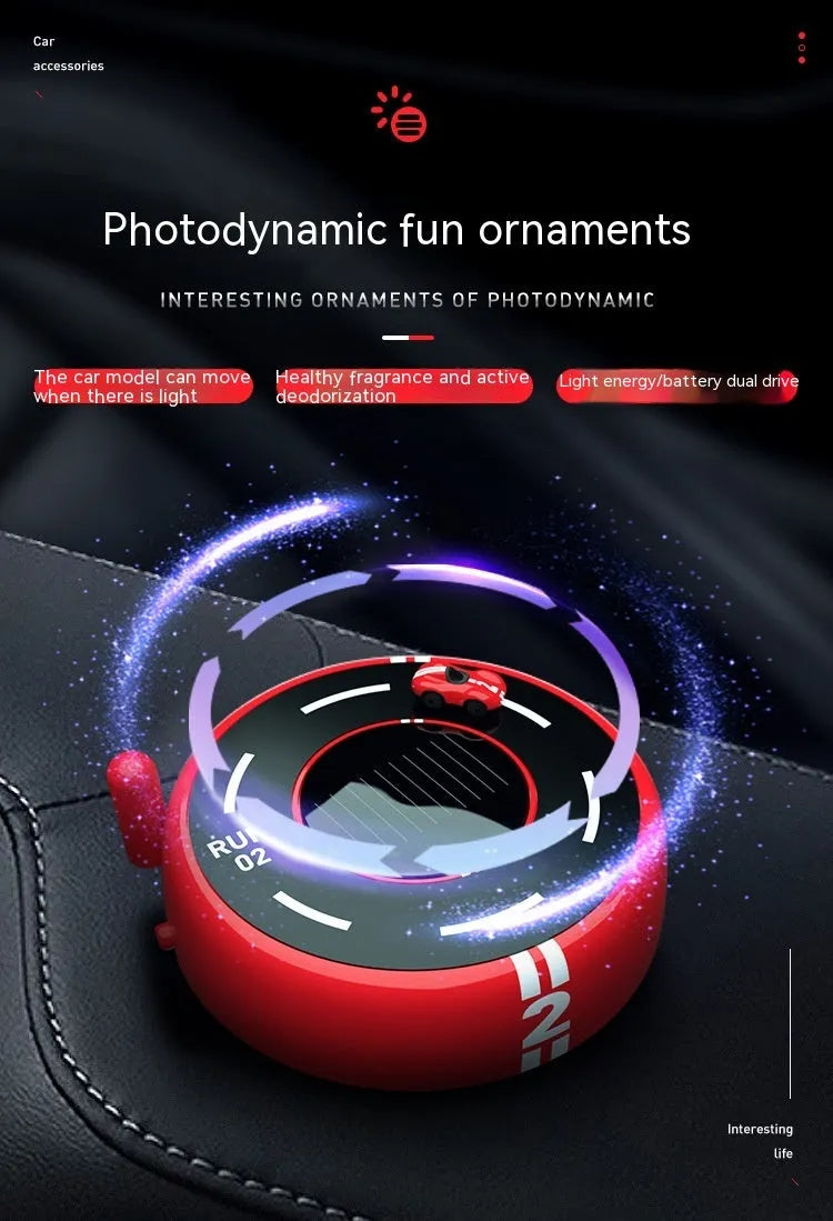 Round solar-powered car aromatherapy decoration with ambient light in black, red, or white colours