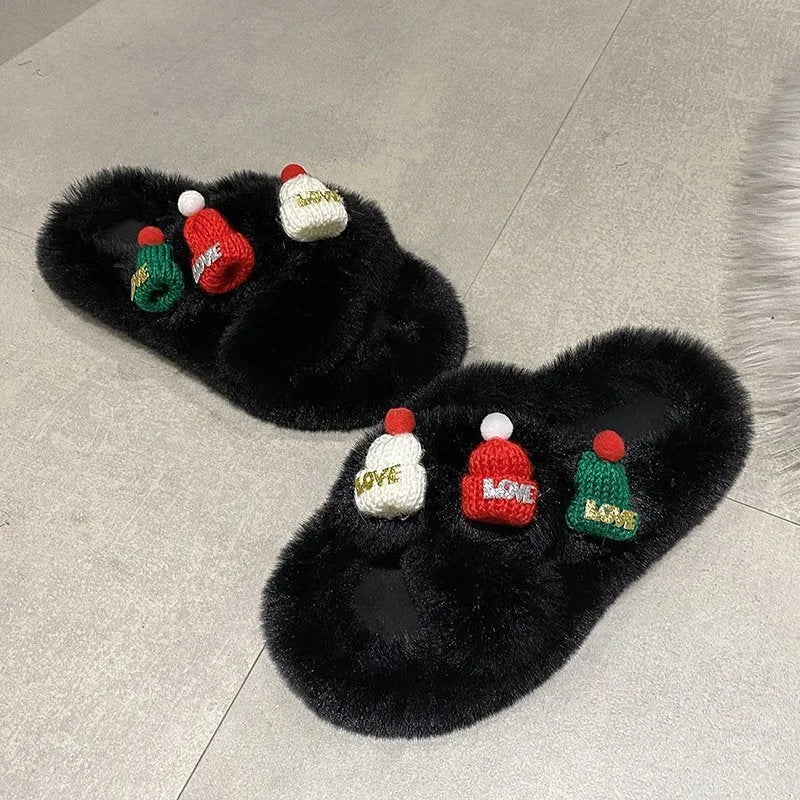 Women's Christmas hat design slippers in faux plush, showing black, khaki, and white colour options.