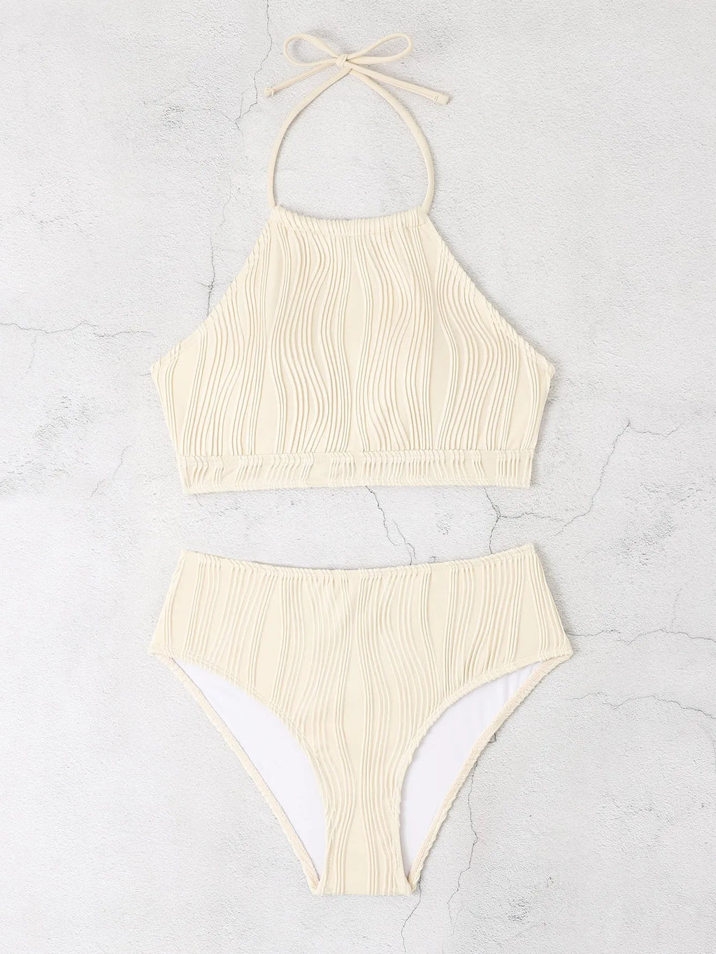 Conservative swimwear set with high waist apron design in white, apricot or black colours