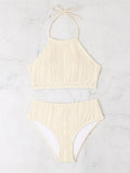 Conservative swimwear set with high waist apron design in white, apricot or black colours