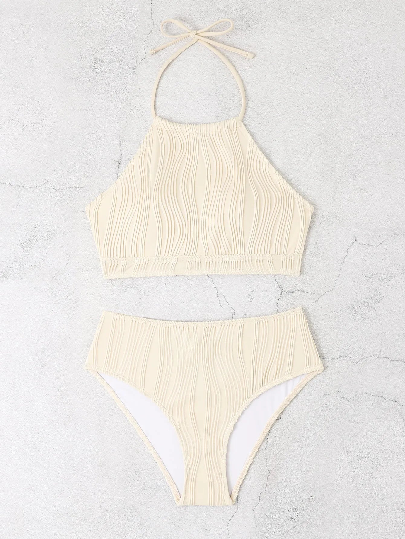 Conservative swimwear set with high waist apron design in white, apricot or black colours