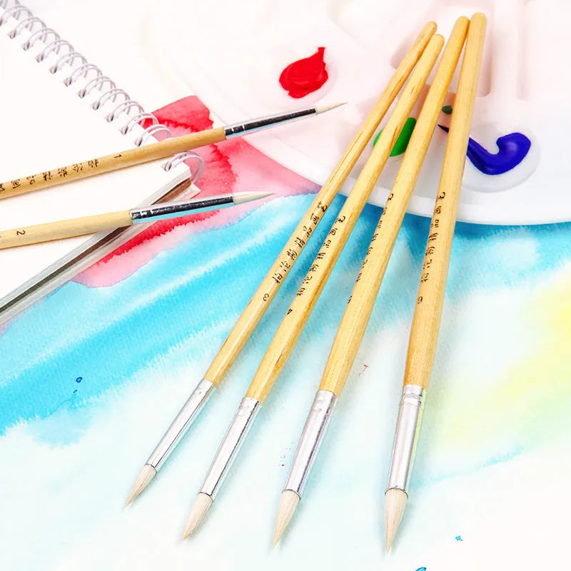 Six-piece wooden artistic brush set with pointed wool tips for line art painting