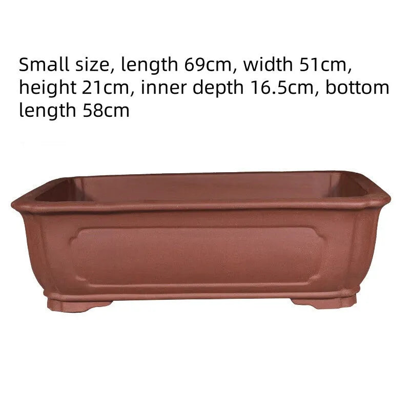 Handmade rectangular purple clay flowerpot for large plants or bonsai, shown in three available sizes.