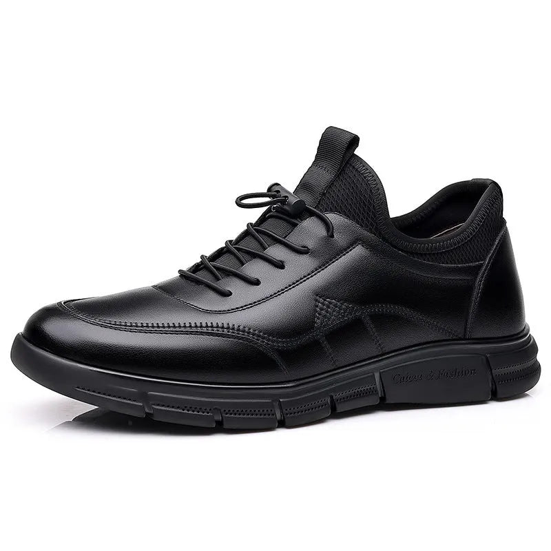 Men's black casual leather shoes with low square heel and round toe design