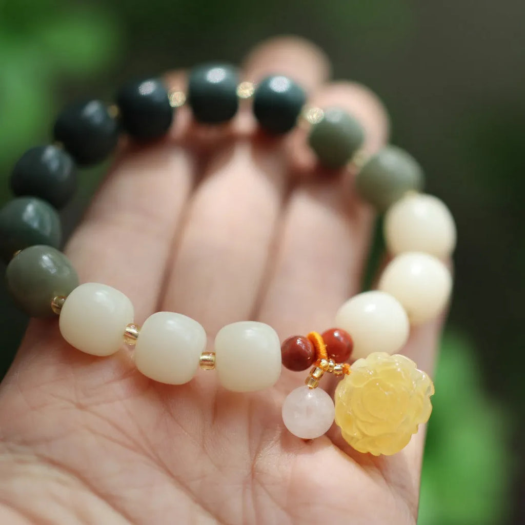 Natural Bodhi root bracelet with gradient white jade and beeswax floral beads