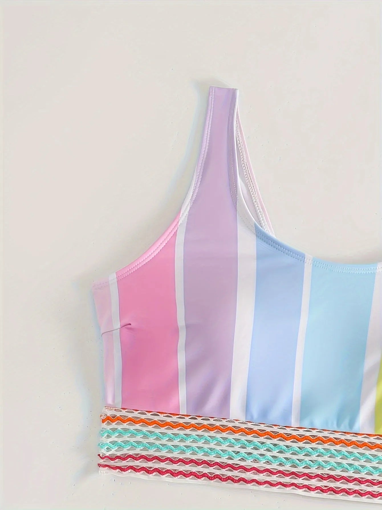 Women's striped two-piece bikini swimsuit in picture colour on a mannequin.