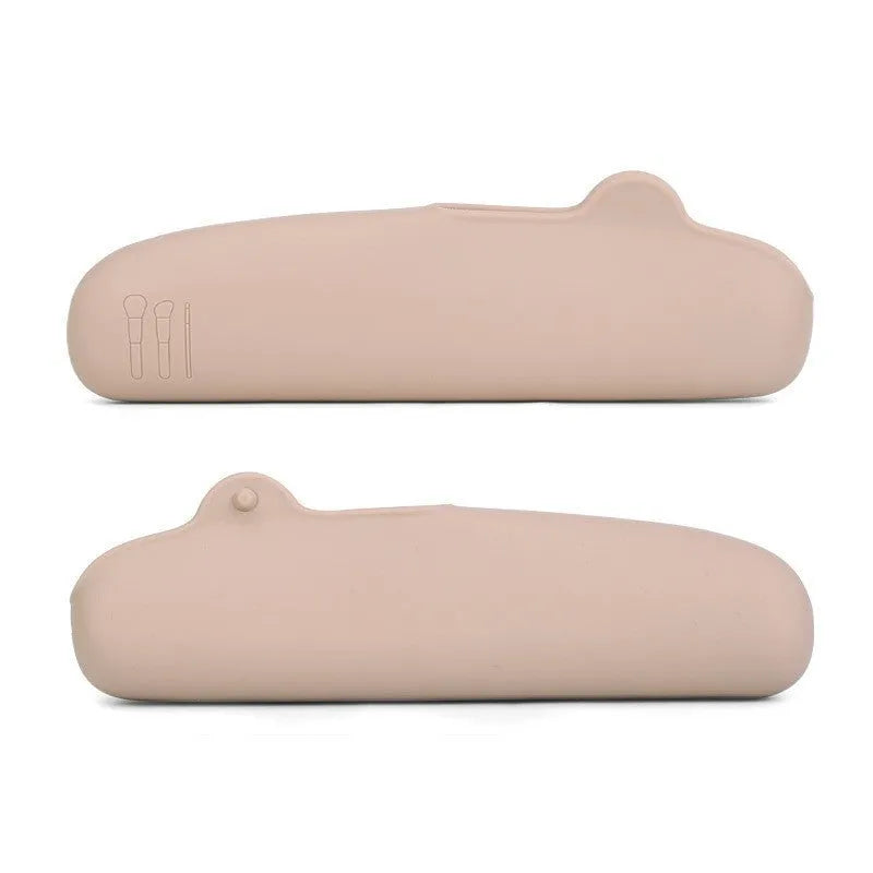 Portable silicone cosmetic storage bag in khaki, deep pink, and millet white for travel makeup organisation