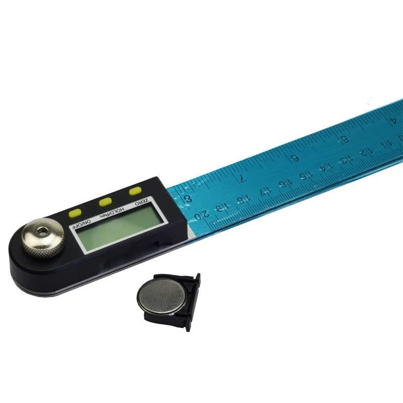 Stainless steel electronic digital display angle ruler measuring tool on workshop surface