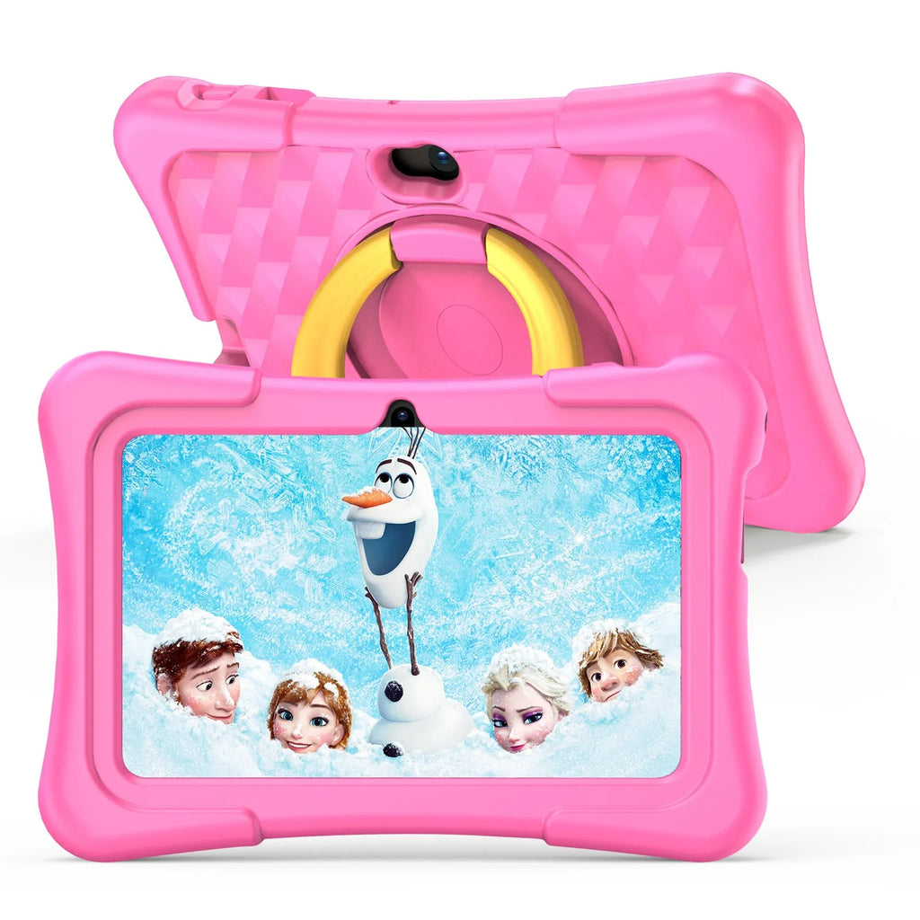 Blue children's 7-inch tablet with a silicone cover attached, showing its integrated rotation handle on the back.