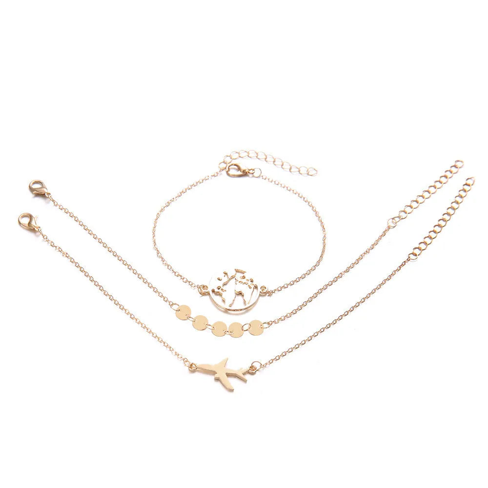 Women's bohemian aircraft map charm bracelet three-piece set with heart-shaped alloy charms
