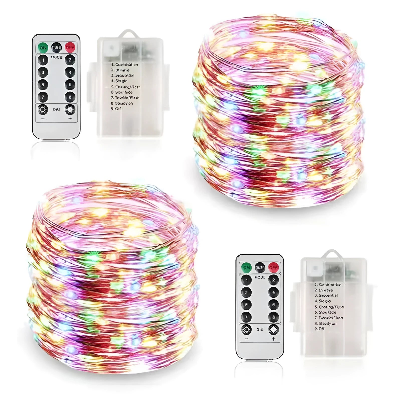 Copper wire LED string light with 120 bulbs, coiled to show its 12-metre length and battery box with USB cable.
