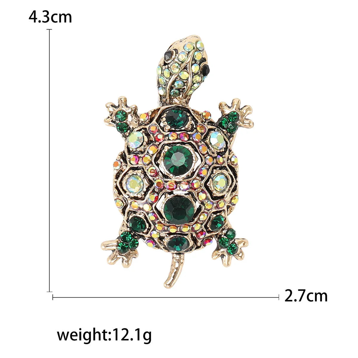 Retro-style alloy turtle brooch with rhinestone decoration, shown in blue colour.