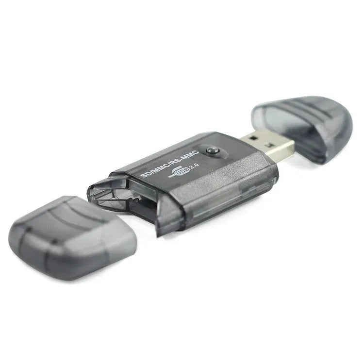 Transparent plastic USB card reader with SD and MS slots on a white background.