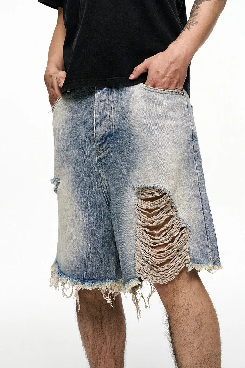 Light blue washed denim shorts with a baggy wide-leg fit and mid-waist on a mannequin.