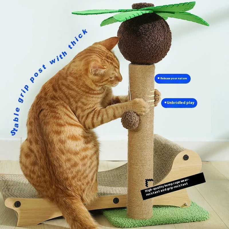 Wooden beach chair-shaped cat climbing frame with a built-in scratch board and a hemp-wrapped column.