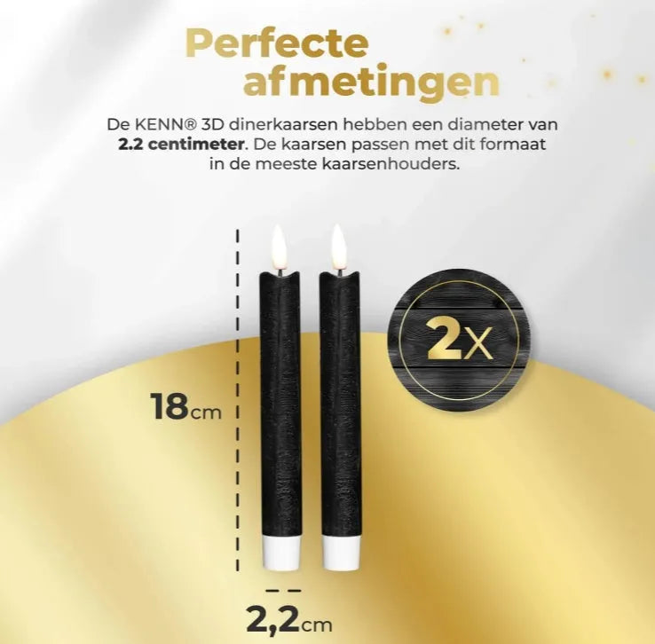 Black LED taper candle with realistic 3D flame effect, 18cm tall