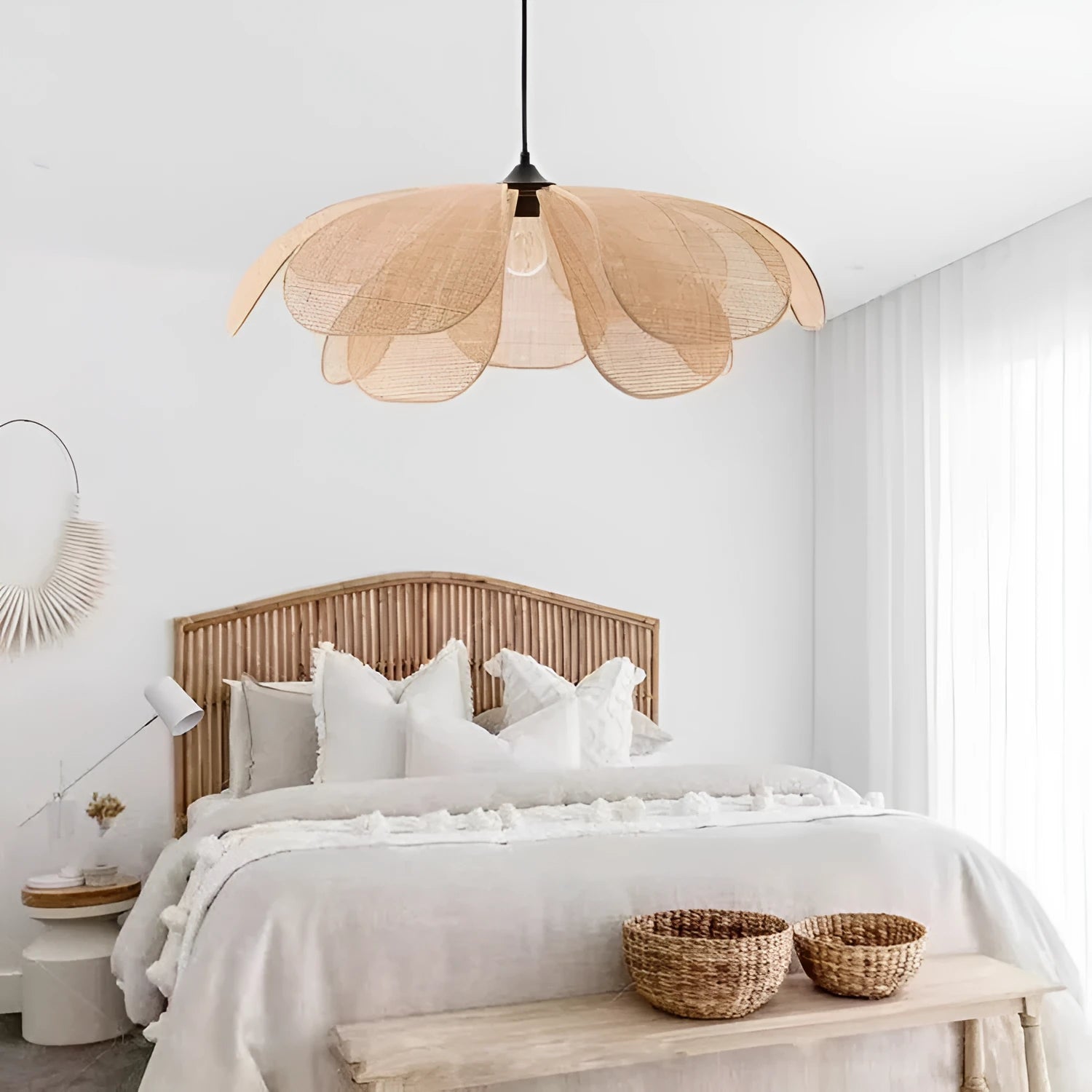 Handmade rattan petal chandelier bamboo ceiling light 80cm diameter natural finish