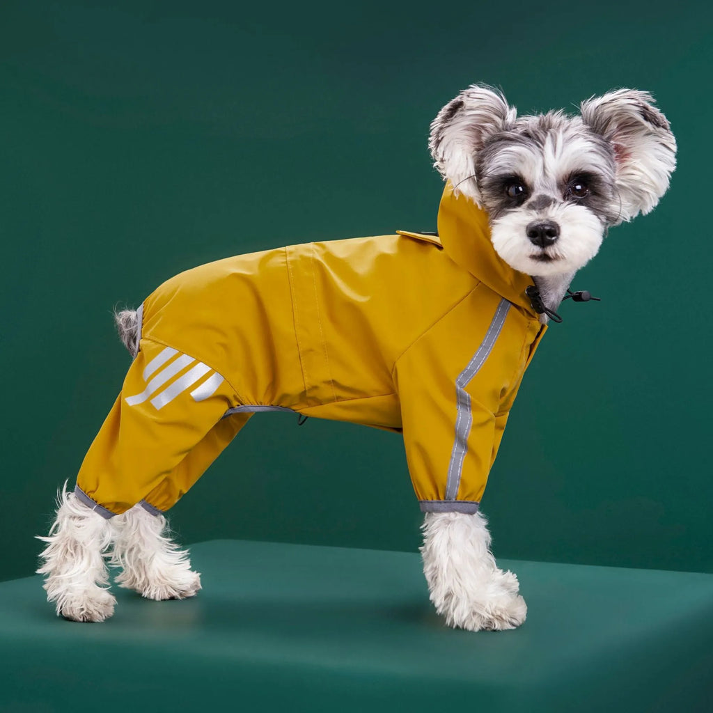 Four-legged dog raincoat in PUC polyester fibre waterproof pet clothing, sizes S to 2XL, black yellow pink blue