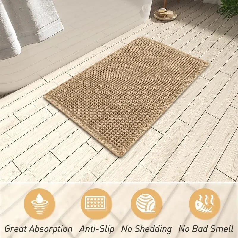 Checkered pattern non-slip absorbent bathroom floor carpet in beige colour.
