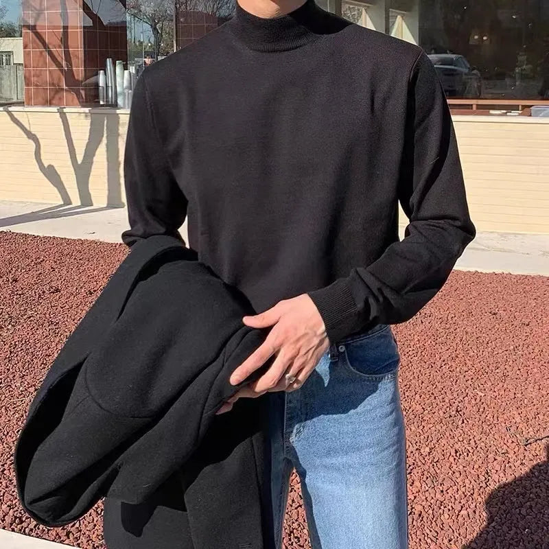Korean men's cotton mock neck sweater long sleeve loose fit pullover in black