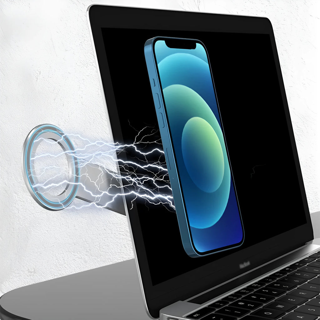 Metallic silver aluminium alloy desktop phone holder with magnetic extension for iPhone.