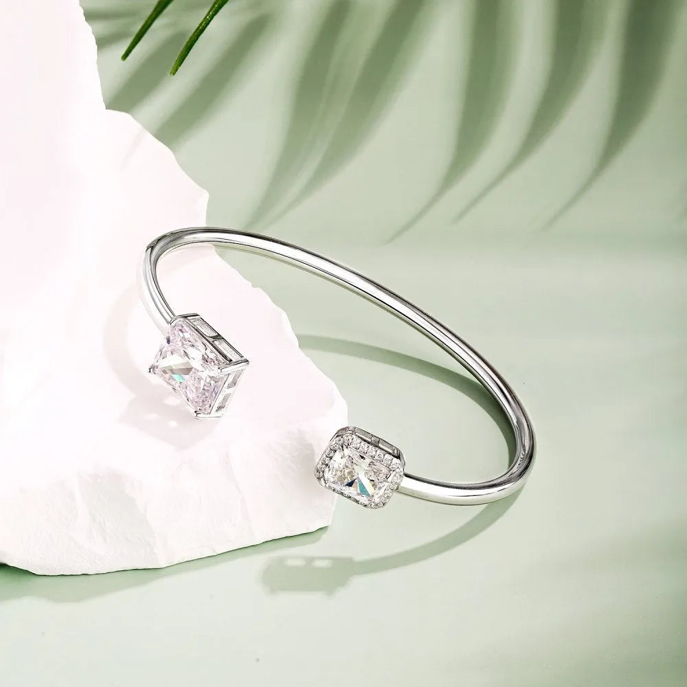 925 sterling silver opening bracelet for women with quadrilateral element, 16cm or 18cm, silver finish