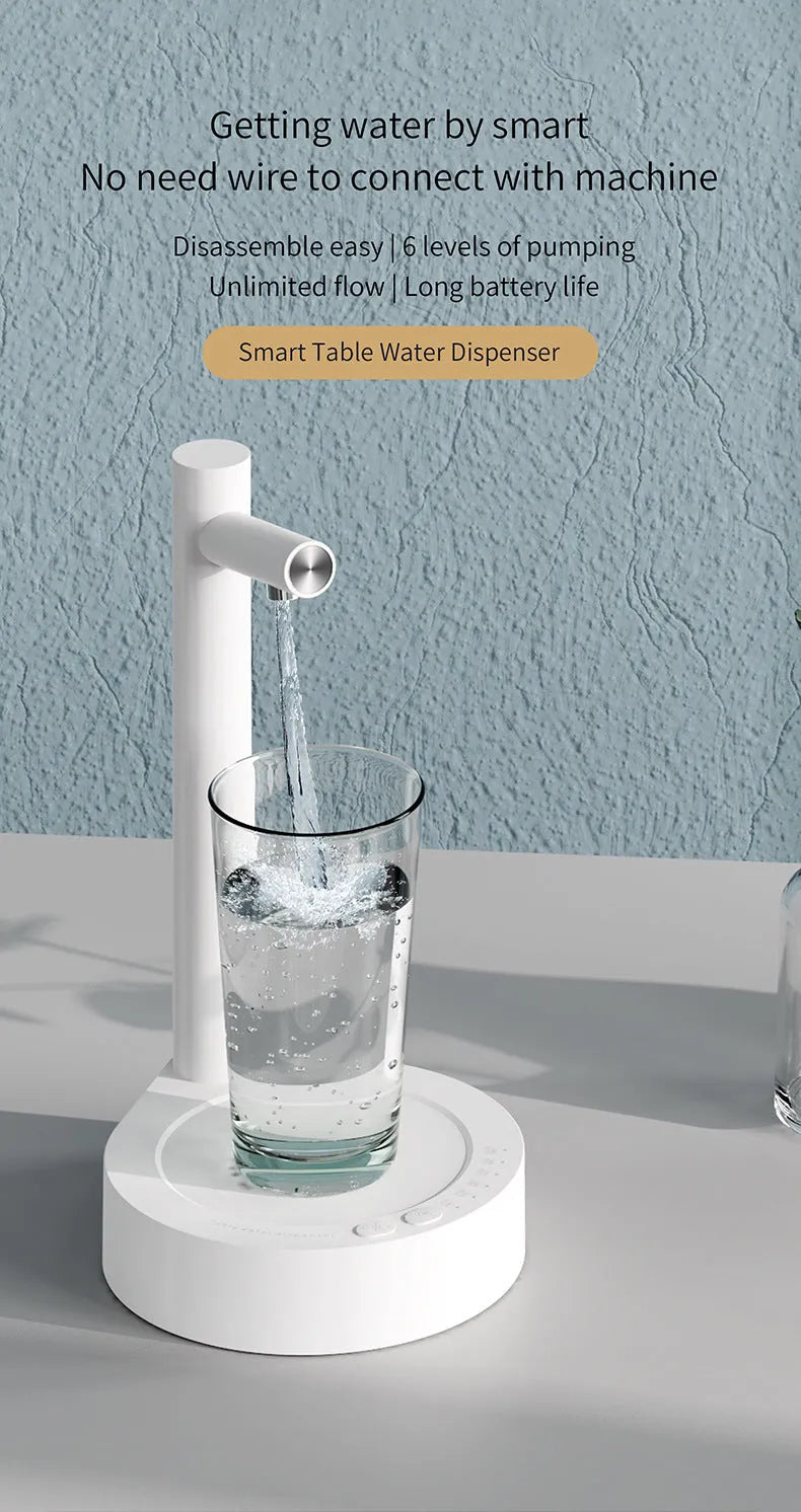 Desktop bottled water automatic pumping device with rechargeable 1800mAh battery in black and white ABS shell