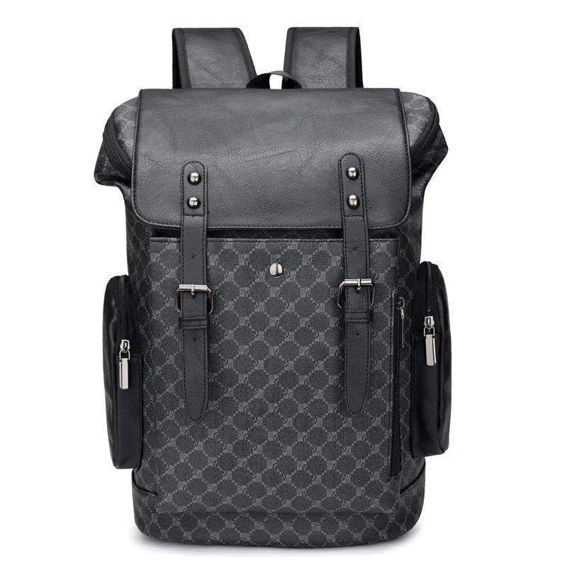 Men's PU leather plaid backpack in black, 45x15x30cm, with air pillow belt