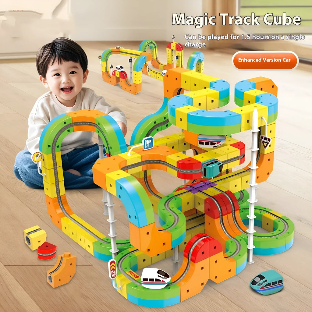 Children's educational track cube building blocks toys 55-piece Basic Edition magnetic plastic set USB charging