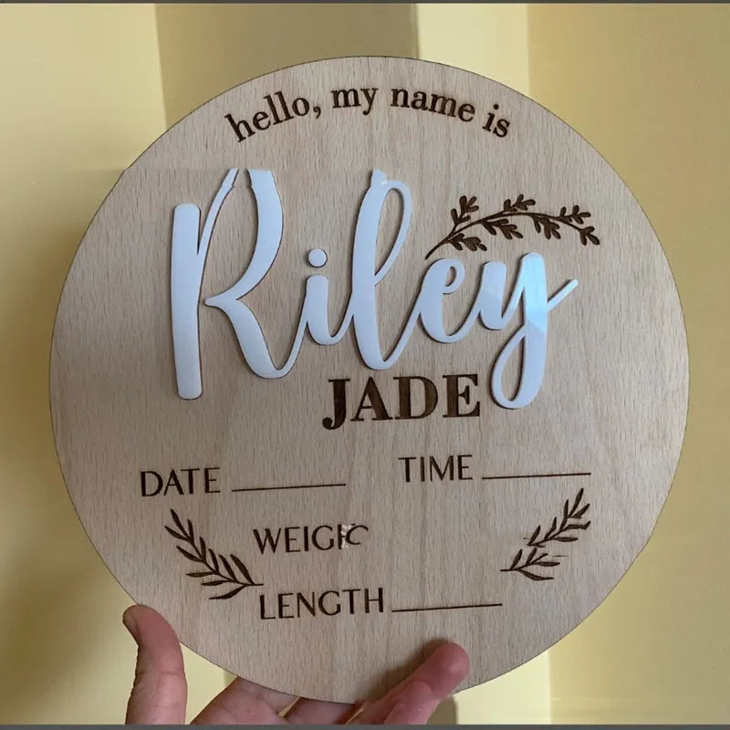 15cm square wooden birth information plaque showing baby's surname, birth date, weight and height details