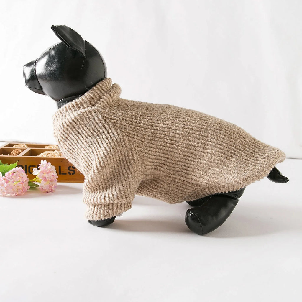Brown cloth pullover sweater on a small dog, showing casual design and comfortable fit.